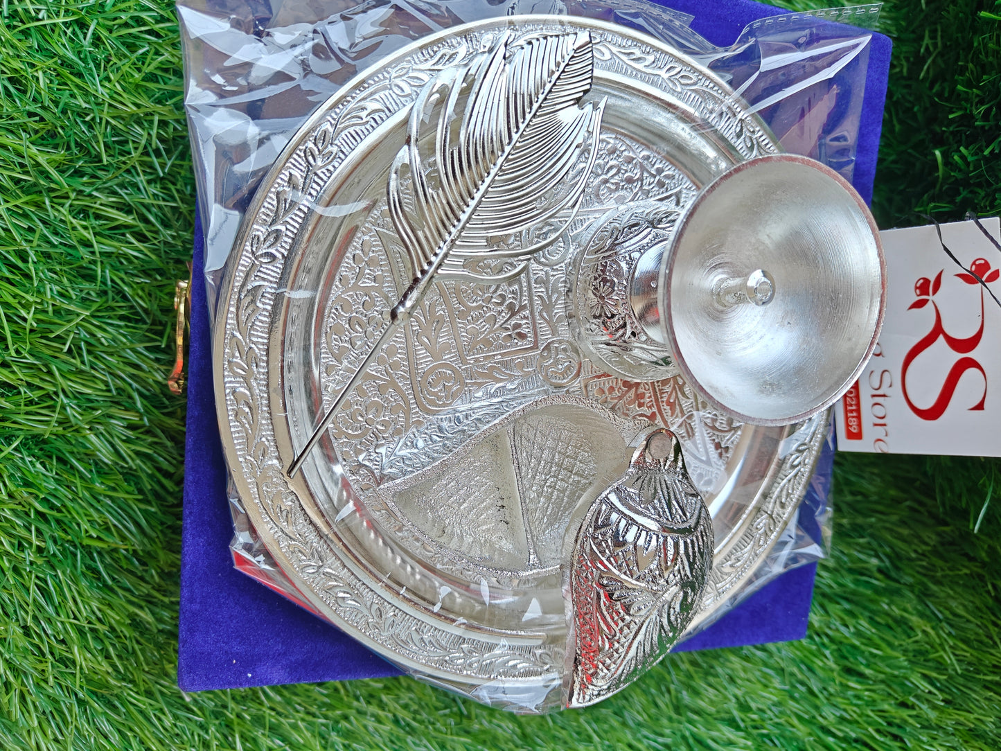 German silver pooja thali set with velvet box