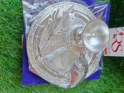 German silver pooja thali set with velvet box