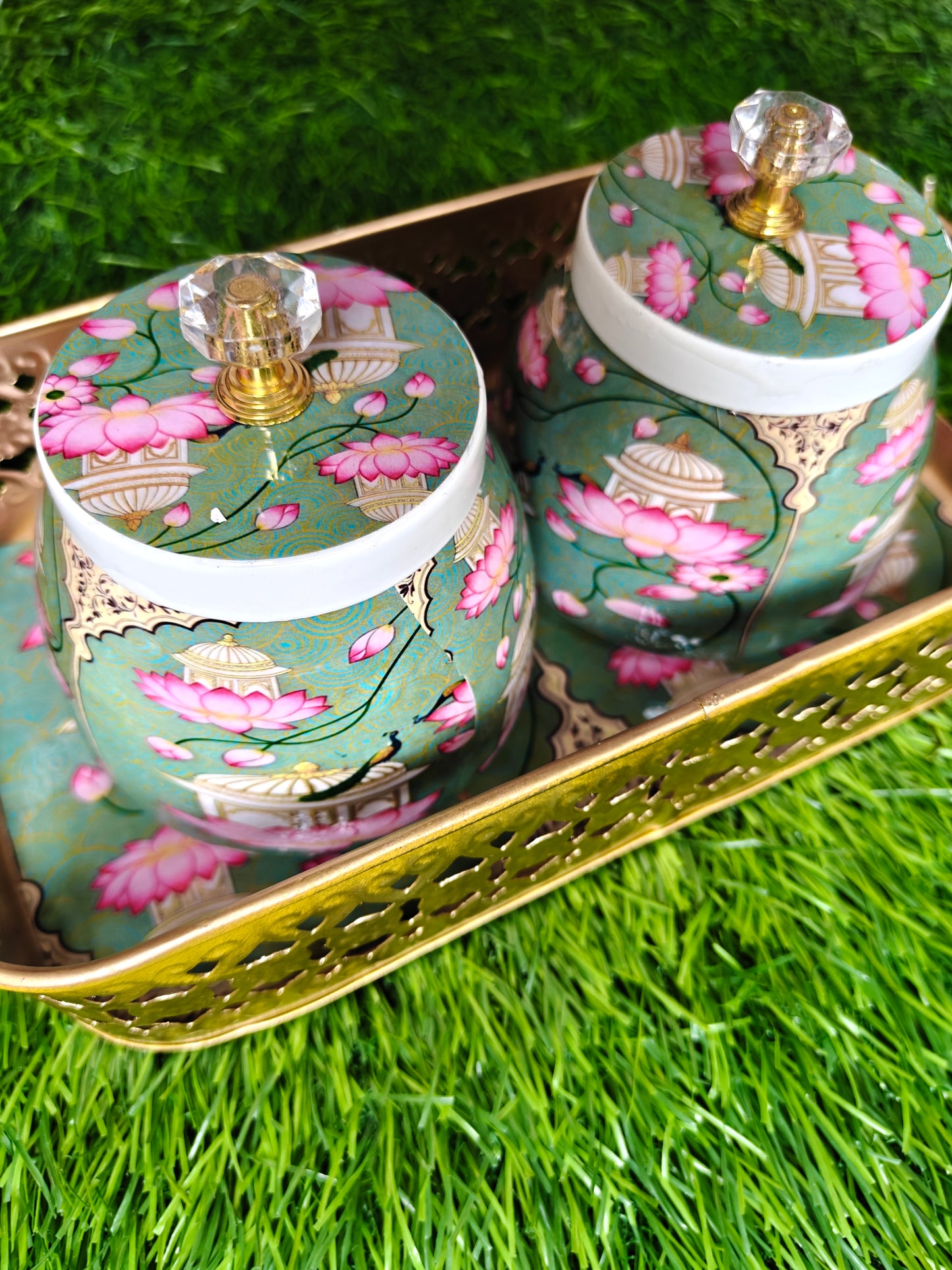 Exclusive lotus theme metal tray with jars