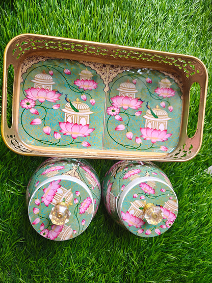 Exclusive lotus theme metal tray with jars