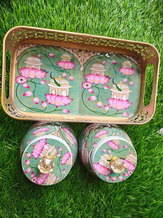 Exclusive lotus theme metal tray with jars