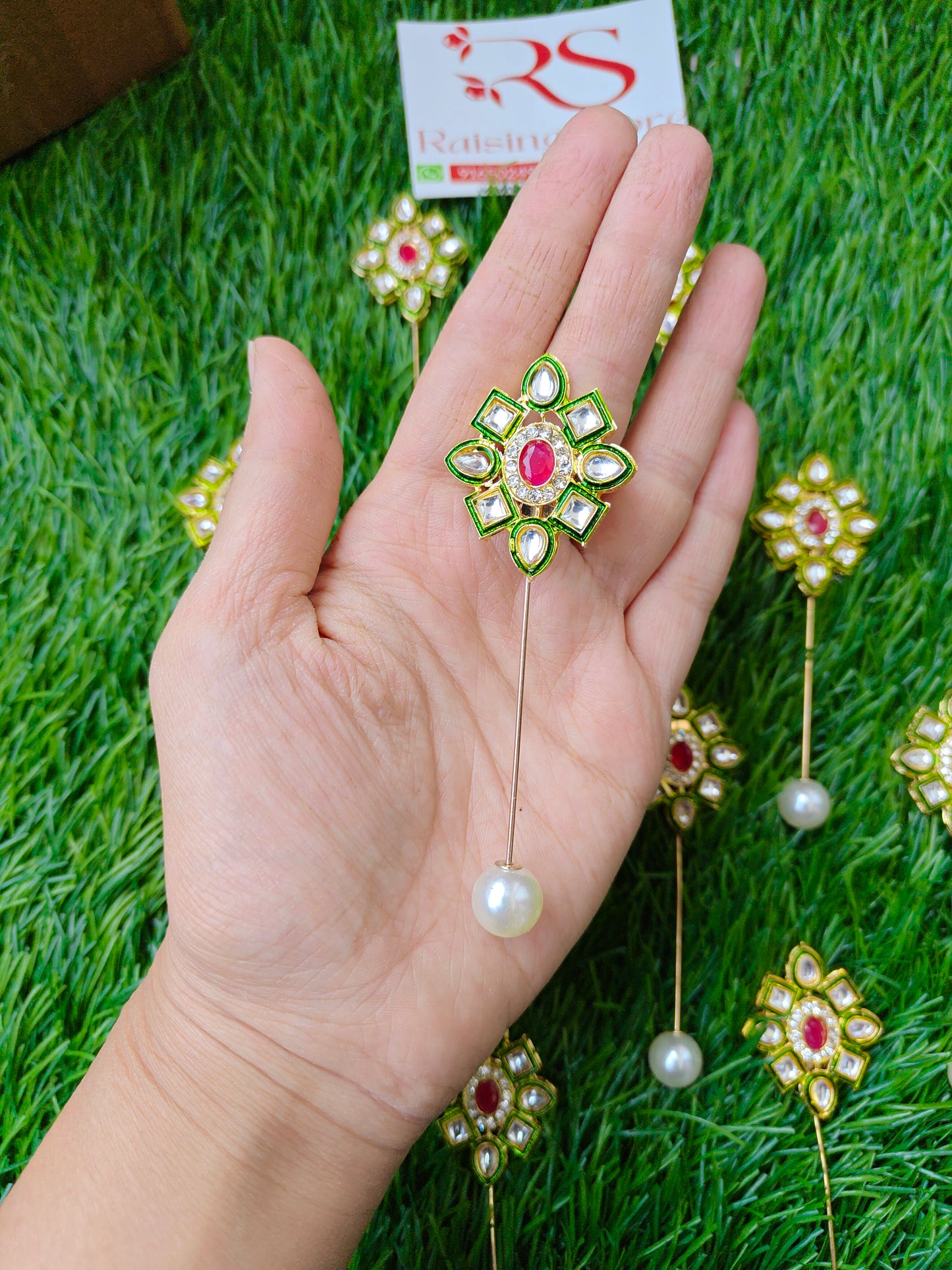 Green kundan lapel pin brooch pack of 10