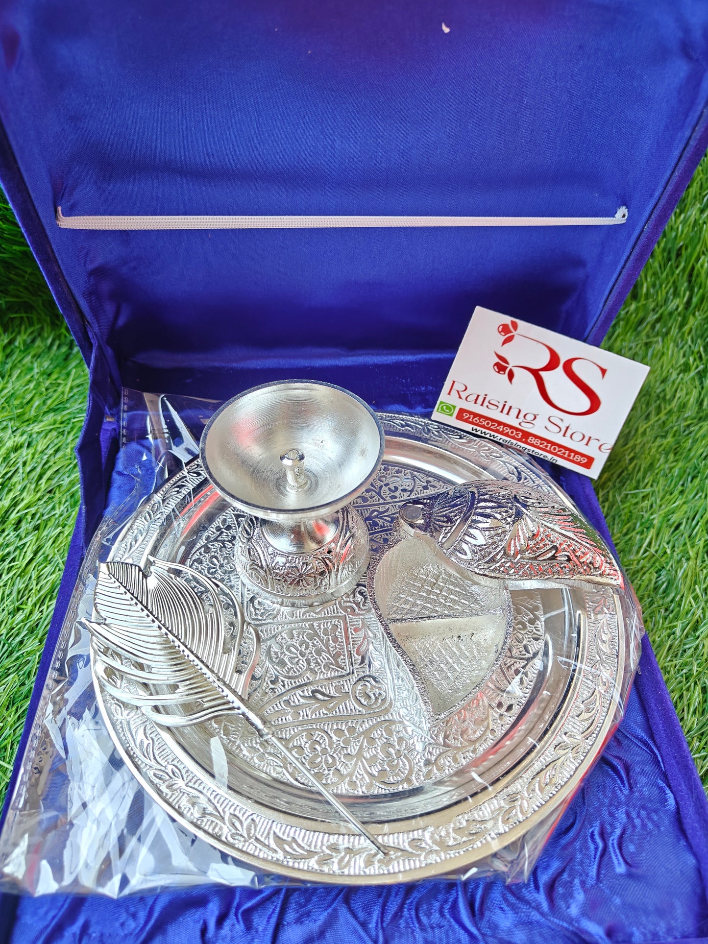 German silver pooja thali set with velvet box