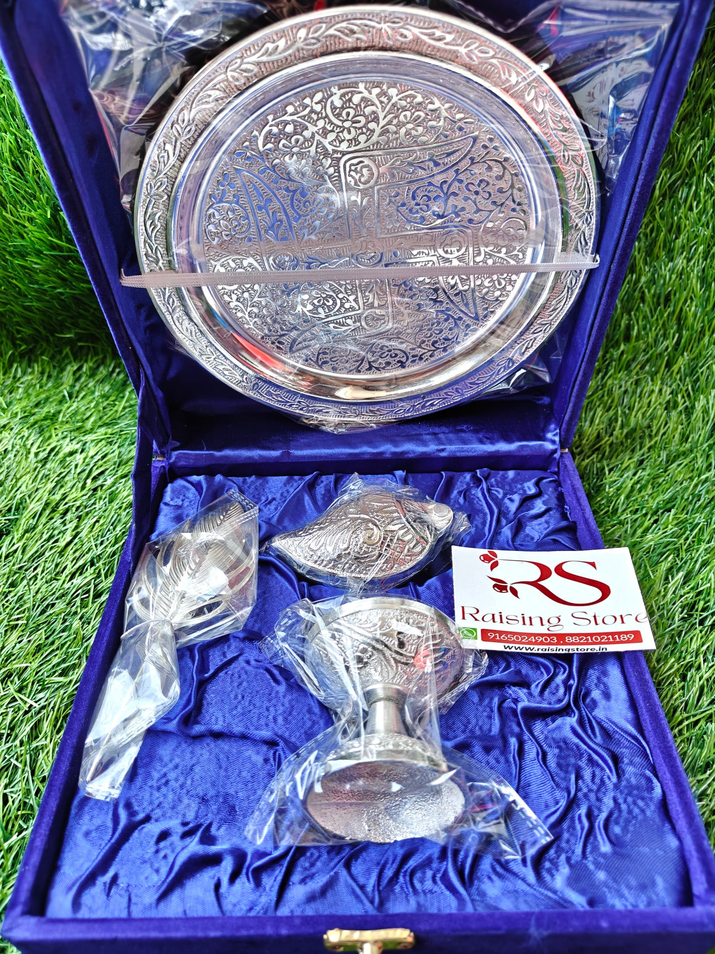 German silver pooja thali set with velvet box