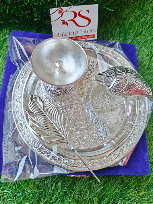 German silver pooja thali set with velvet box