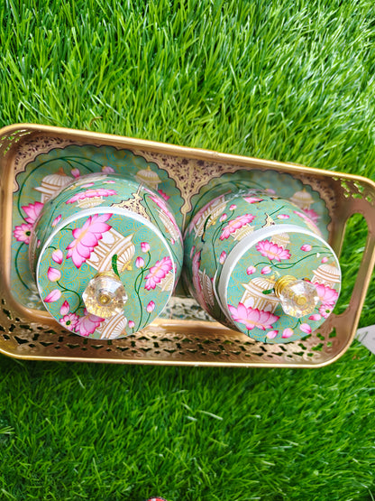 Exclusive lotus theme metal tray with jars